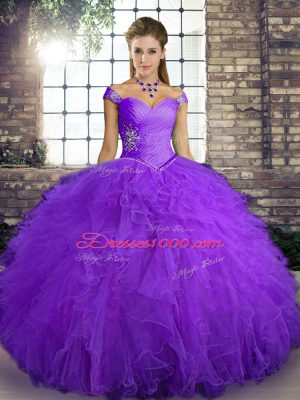 Modest Tulle Off The Shoulder Sleeveless Lace Up Beading and Ruffles Sweet 16 Dresses in Purple