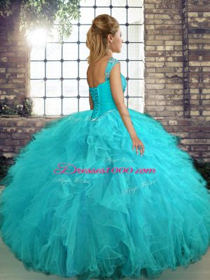 Modest Tulle Off The Shoulder Sleeveless Lace Up Beading and Ruffles Sweet 16 Dresses in Purple