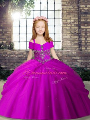 Low Price Fuchsia Lace Up Beading Little Girls Pageant Dress Sleeveless