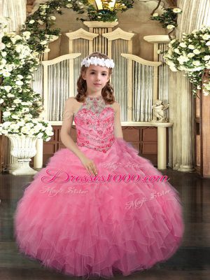 Pink Tulle Lace Up Scoop Sleeveless Floor Length Pageant Dress Womens Beading