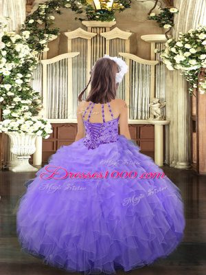 Pink Tulle Lace Up Scoop Sleeveless Floor Length Pageant Dress Womens Beading