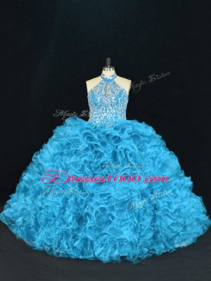 Fine Ball Gowns Quinceanera Gown Blue Halter Top Organza Sleeveless Floor Length Lace Up