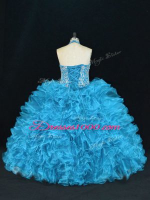 Fine Ball Gowns Quinceanera Gown Blue Halter Top Organza Sleeveless Floor Length Lace Up