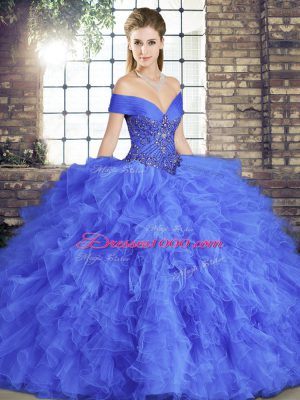 Fashionable Blue Tulle Lace Up Off The Shoulder Sleeveless Floor Length Quinceanera Dress Beading and Ruffles