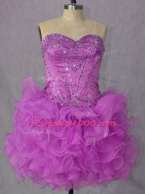 Inexpensive Beading and Ruffles Party Dress for Girls Lilac Lace Up Sleeveless Mini Length
