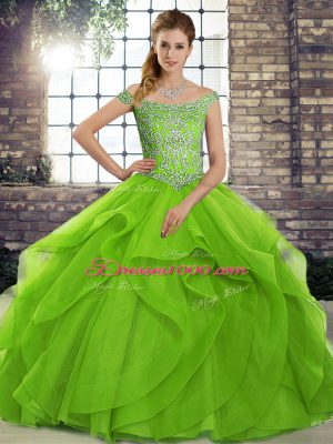 Delicate Sleeveless Brush Train Beading and Ruffles Lace Up Quinceanera Gown