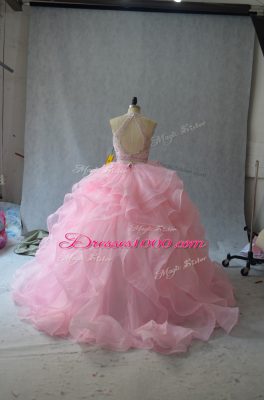 Peach Two Pieces Halter Top Sleeveless Organza Backless Beading and Ruffles Ball Gown Prom Dress