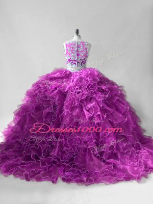 Fuchsia Zipper Scoop Beading and Ruffles Vestidos de Quinceanera Organza Sleeveless Brush Train