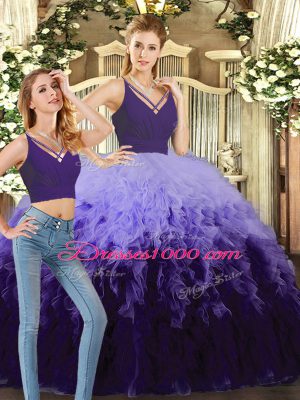 Graceful Purple and Multi-color Tulle Backless V-neck Sleeveless Floor Length Vestidos de Quinceanera Beading and Ruffles