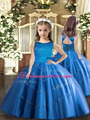 Fancy Blue Tulle Lace Up Scoop Sleeveless Floor Length Girls Pageant Dresses Beading