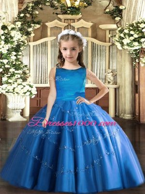 Fancy Blue Tulle Lace Up Scoop Sleeveless Floor Length Girls Pageant Dresses Beading