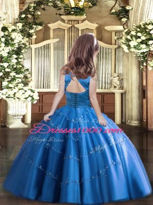 Fancy Blue Tulle Lace Up Scoop Sleeveless Floor Length Girls Pageant Dresses Beading
