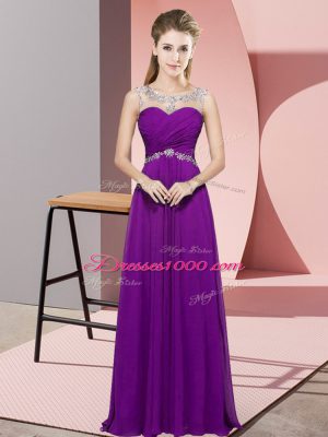 Low Price Sleeveless Floor Length Beading Backless Evening Dress with Eggplant Purple