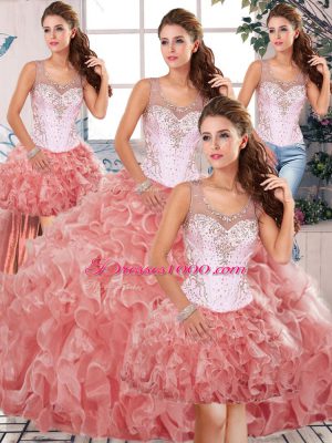 Graceful Sleeveless Floor Length Beading and Ruffles Clasp Handle Quinceanera Dress with Watermelon Red