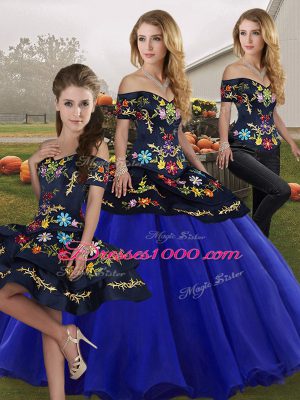 Decent Off The Shoulder Sleeveless Sweet 16 Quinceanera Dress Floor Length Embroidery Royal Blue Tulle