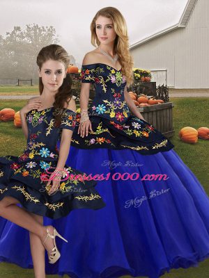 Decent Off The Shoulder Sleeveless Sweet 16 Quinceanera Dress Floor Length Embroidery Royal Blue Tulle