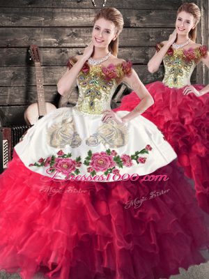 High Class Off The Shoulder Sleeveless Satin and Organza Quinceanera Dress Embroidery and Ruffles Lace Up