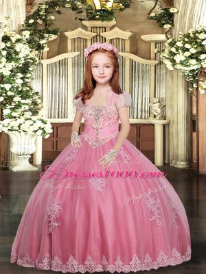 Pink Sleeveless Floor Length Appliques Lace Up Pageant Dresses