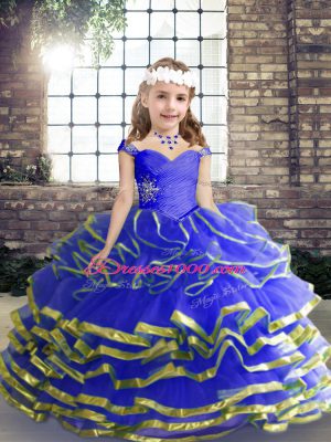 Blue Sleeveless Beading and Ruching Floor Length Little Girls Pageant Gowns