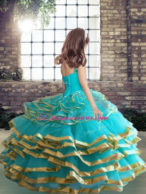 Blue Sleeveless Beading and Ruching Floor Length Little Girls Pageant Gowns