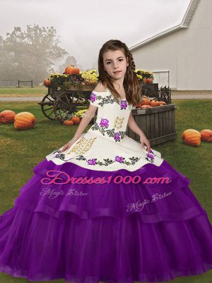 Eggplant Purple Ball Gowns Embroidery and Ruffled Layers Little Girls Pageant Dress Lace Up Tulle Sleeveless Floor Length