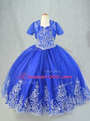 Simple Tulle Spaghetti Straps Sleeveless Lace Up Beading and Embroidery Little Girl Pageant Dress in Royal Blue