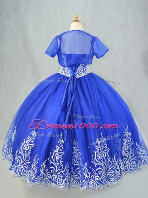 Simple Tulle Spaghetti Straps Sleeveless Lace Up Beading and Embroidery Little Girl Pageant Dress in Royal Blue