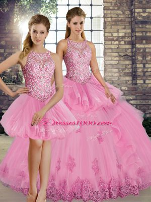 Customized Floor Length Rose Pink 15th Birthday Dress Tulle Sleeveless Lace and Embroidery and Ruffles