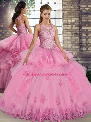 Customized Floor Length Rose Pink 15th Birthday Dress Tulle Sleeveless Lace and Embroidery and Ruffles