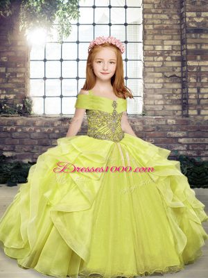 Yellow Green Organza Lace Up Little Girls Pageant Gowns Sleeveless Floor Length Beading and Ruffles