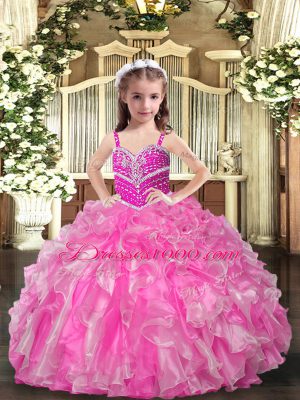 Floor Length Rose Pink Little Girl Pageant Gowns Organza Sleeveless Beading and Ruffles