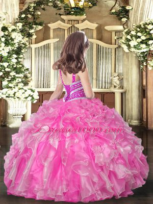 Floor Length Rose Pink Little Girl Pageant Gowns Organza Sleeveless Beading and Ruffles