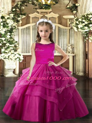 Floor Length Lace Up Kids Formal Wear Fuchsia for Party and Wedding Party with Ruffled Layers