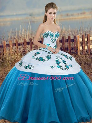 New Arrival Floor Length Blue And White Quince Ball Gowns Sweetheart Sleeveless Lace Up