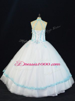 Romantic Tulle Halter Top Sleeveless Lace Up Appliques 15th Birthday Dress in Blue And White