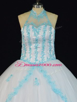 Romantic Tulle Halter Top Sleeveless Lace Up Appliques 15th Birthday Dress in Blue And White