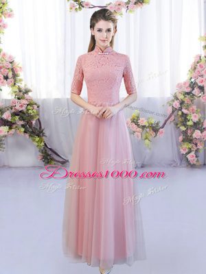 Modest Pink Tulle Zipper High-neck Half Sleeves Floor Length Quinceanera Court of Honor Dress Lace