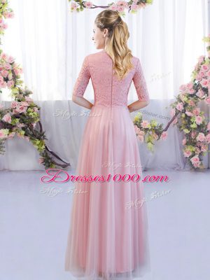 Modest Pink Tulle Zipper High-neck Half Sleeves Floor Length Quinceanera Court of Honor Dress Lace