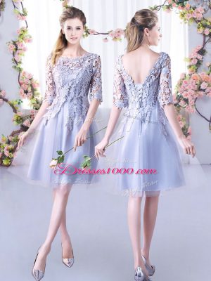 Fancy Grey Half Sleeves Lace Mini Length Bridesmaid Dresses