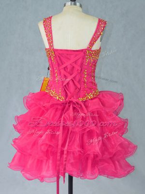 Fantastic Hot Pink Ball Gowns Halter Top Sleeveless Organza Mini Length Lace Up Beading and Ruffled Layers Homecoming Party Dress