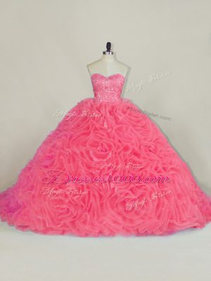 Red Lace Up Halter Top Beading and Ruffles 15 Quinceanera Dress Fabric With Rolling Flowers Sleeveless Court Train