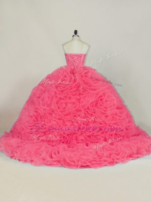 Red Lace Up Halter Top Beading and Ruffles 15 Quinceanera Dress Fabric With Rolling Flowers Sleeveless Court Train