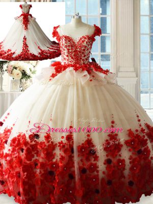 White And Red Ball Gowns Tulle Scoop Sleeveless Hand Made Flower Zipper Quinceanera Dresses Brush Train