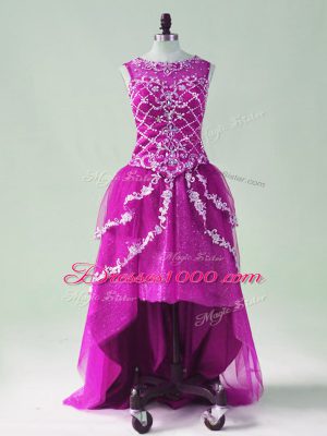 Custom Made Fuchsia Tulle Zipper Formal Evening Gowns Sleeveless High Low Beading and Appliques