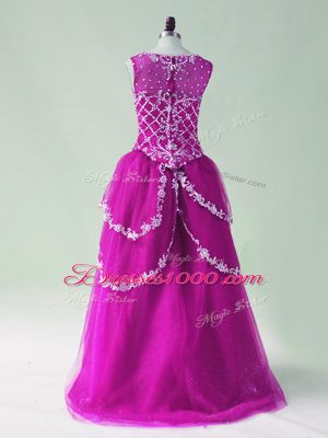 Custom Made Fuchsia Tulle Zipper Formal Evening Gowns Sleeveless High Low Beading and Appliques
