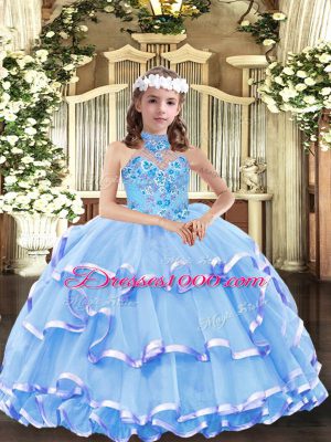 Eye-catching Sleeveless Lace Up Floor Length Appliques and Ruffled Layers High School Pageant Dress