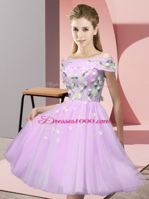 Knee Length Lilac Bridesmaid Dresses Tulle Short Sleeves Appliques
