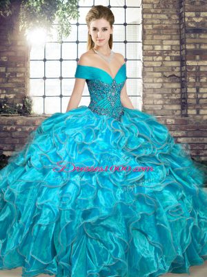 Hot Selling Aqua Blue Sleeveless Beading and Ruffles Floor Length Quinceanera Dress