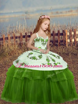 Stunning Green Lace Up Straps Embroidery Girls Pageant Dresses Tulle Sleeveless