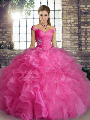 Floor Length Rose Pink Quinceanera Dress Organza Sleeveless Beading and Ruffles